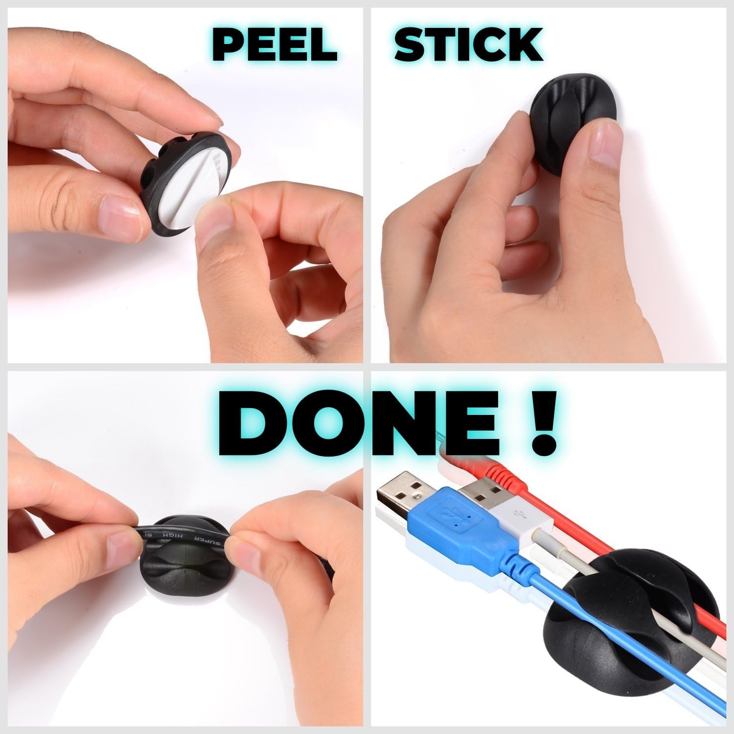 OHill 16PCS Black Cable Clips, Self Adhesive Cord Holder Cord Organizer - Image 5