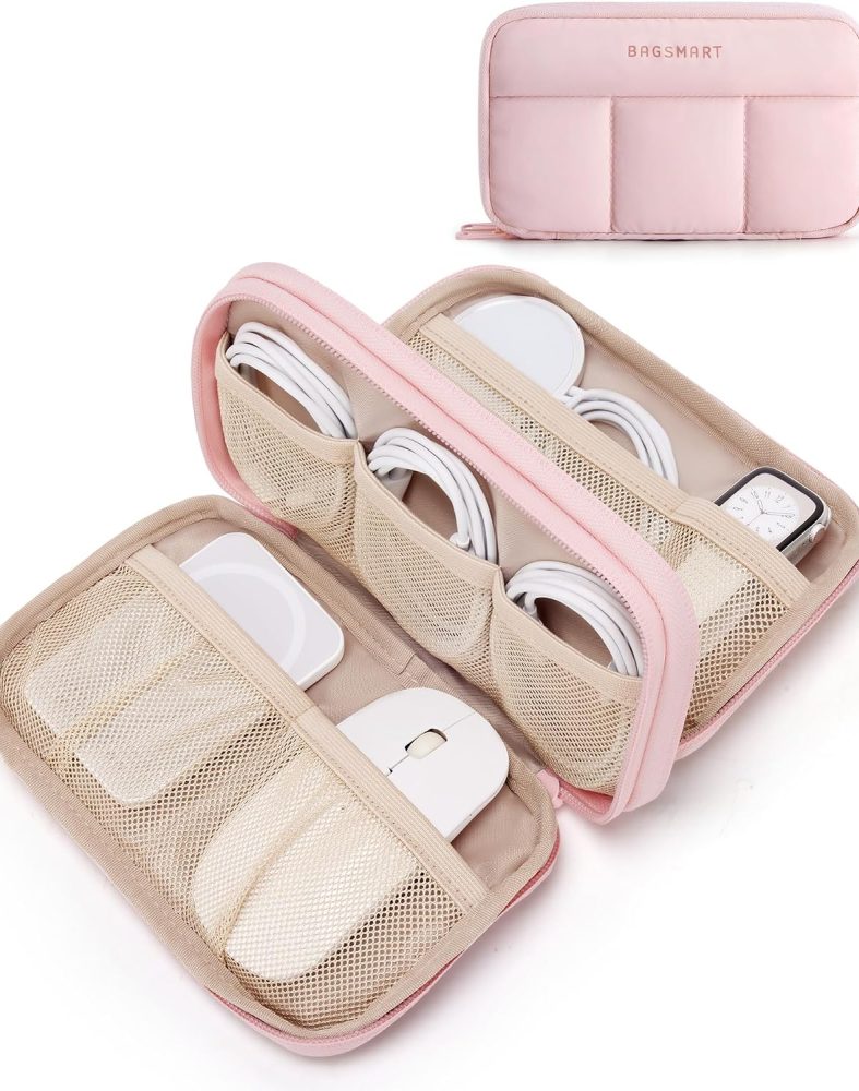 BAGSMART Electronics Organizer Travel Case for Cords Chargers Phones, Pink