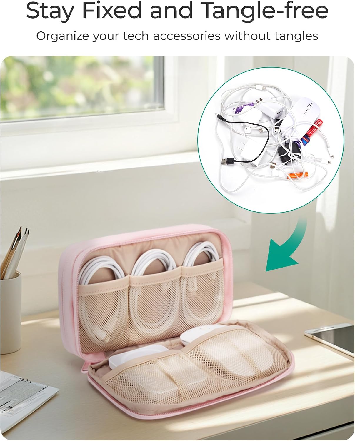 BAGSMART Electronics Organizer Travel Case for Cords Chargers Phones, Pink - Image 3
