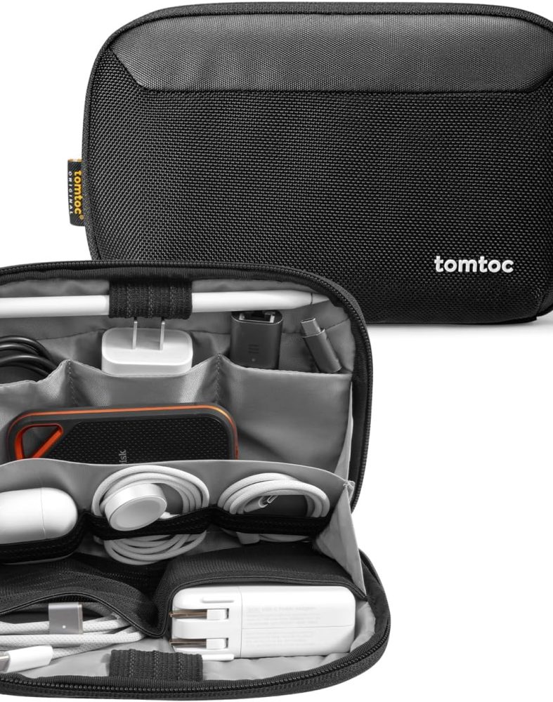 tomtoc Travel Cable Organizer Pouch, Electronics Accessories Organizer Portable Waterproof Double Accessories Carry Case for Cord, Charger, Cables, USB Drive, Black
